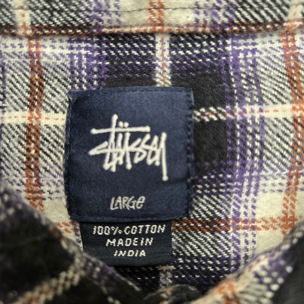 Stussy Vintage Mens Large Purple Black Plaid Flannel Button Down Long Sleeve 90s - Picture 8 of 13